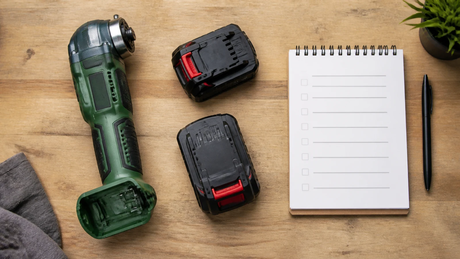 Body-only cordless tool with battery options laid out for pairing