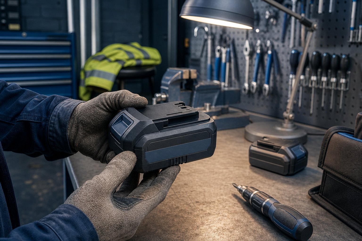 Gloved hands inspecting an unbranded M18 compatible battery pack under a task lamp on a UK workshop bench