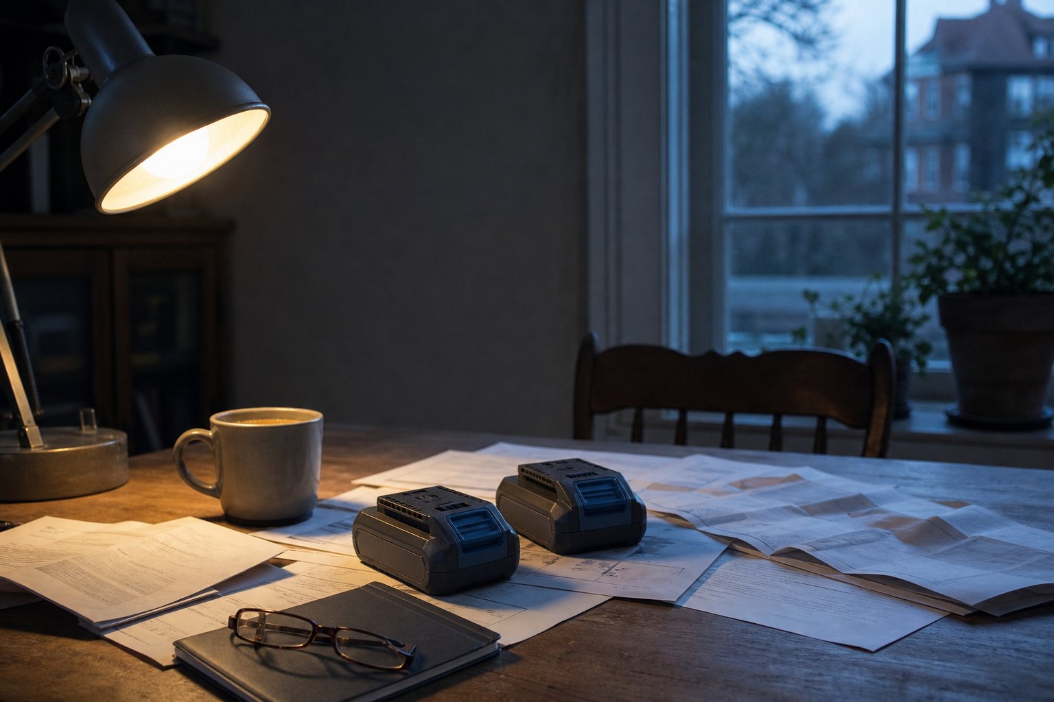 Reading glasses and warranty paperwork on a UK kitchen table with two M18-compatible battery packs under lamp light