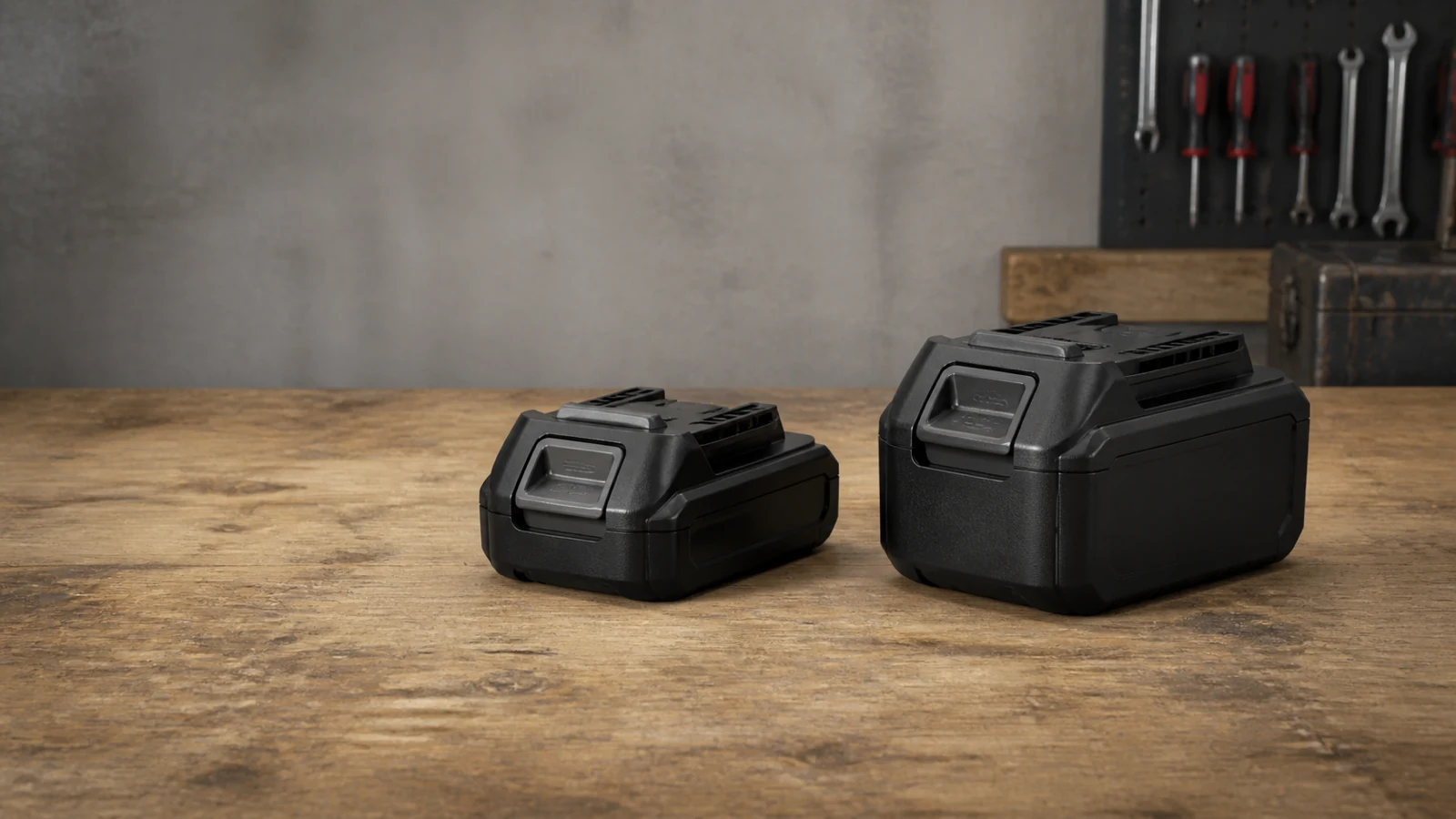 Two cordless 18V battery packs compared by size for 5Ah versus 8Ah choice