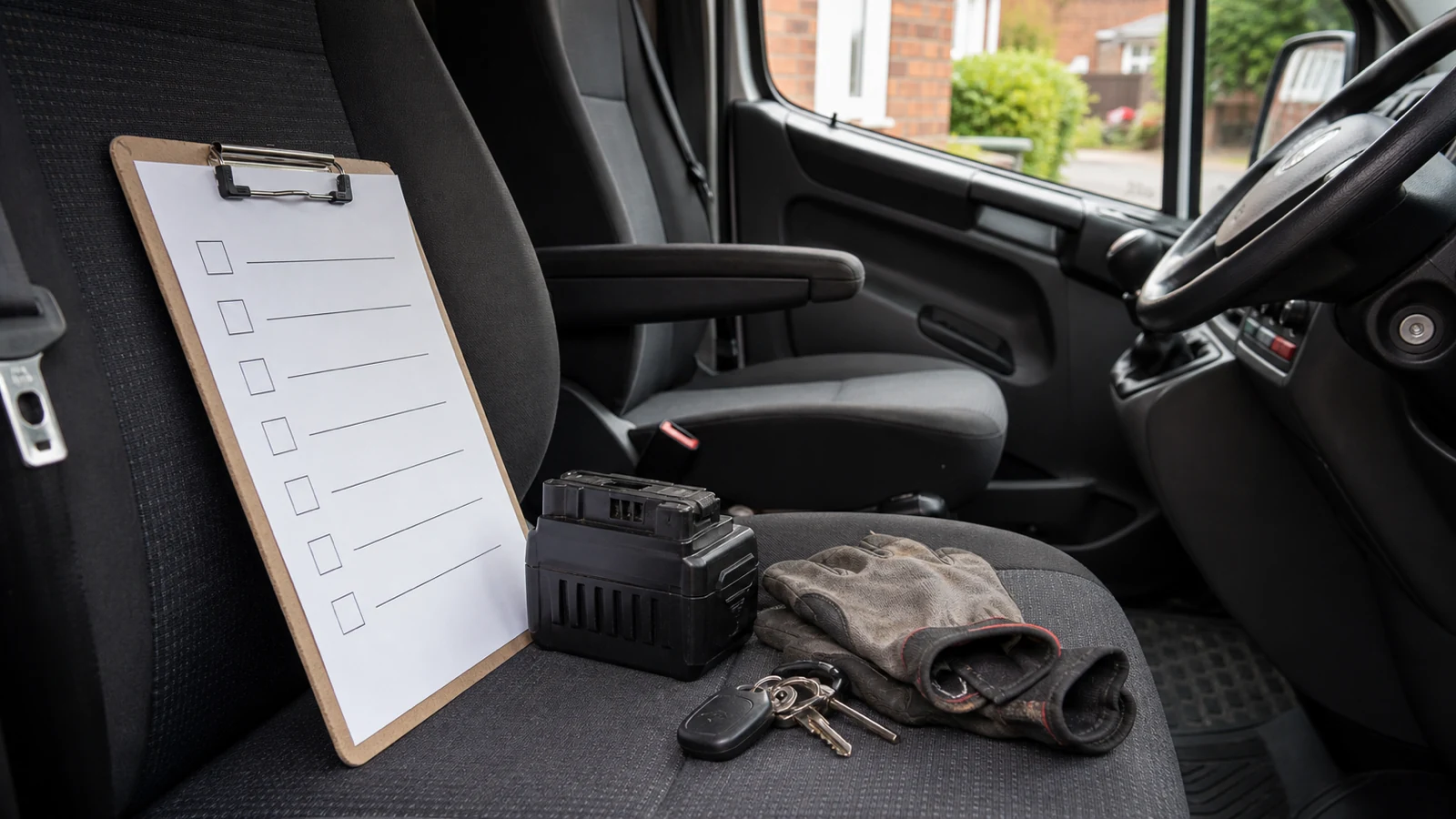 Buyer checklist beside a cordless 18V 8Ah-style battery pack in a work van