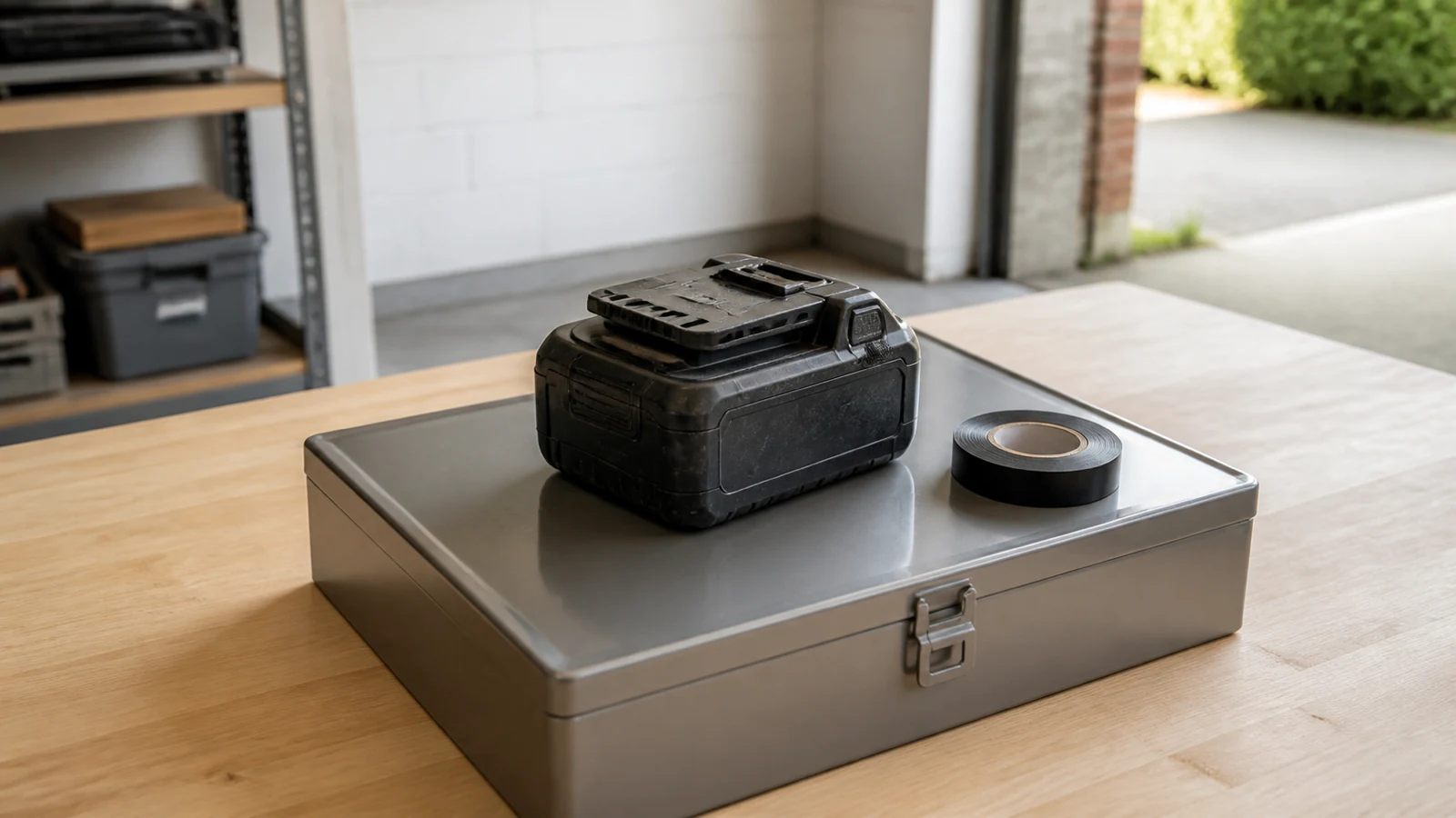 Isolated damaged cordless tool battery prepared safely for disposal in a UK garage