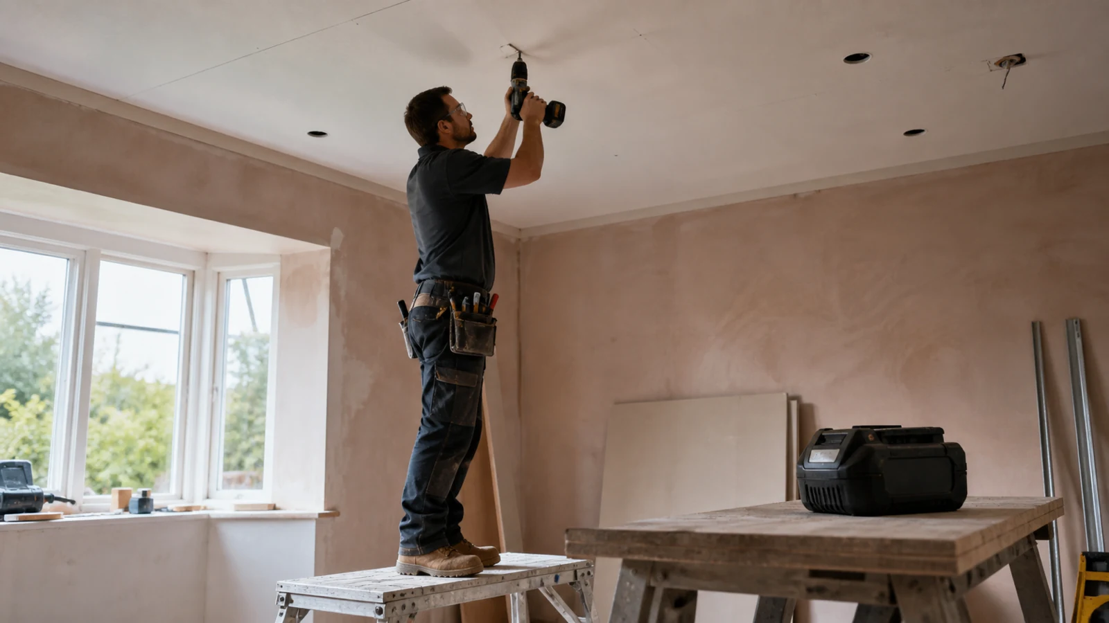 Overhead cordless drilling with a compact battery while a larger pack stays on the bench