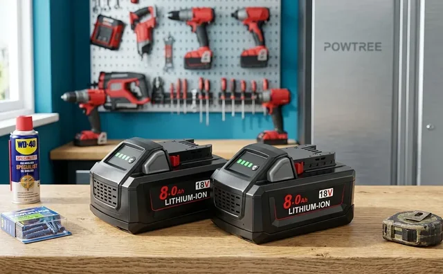 POWTREE batteries in professional workshop environment — midday natural lighting