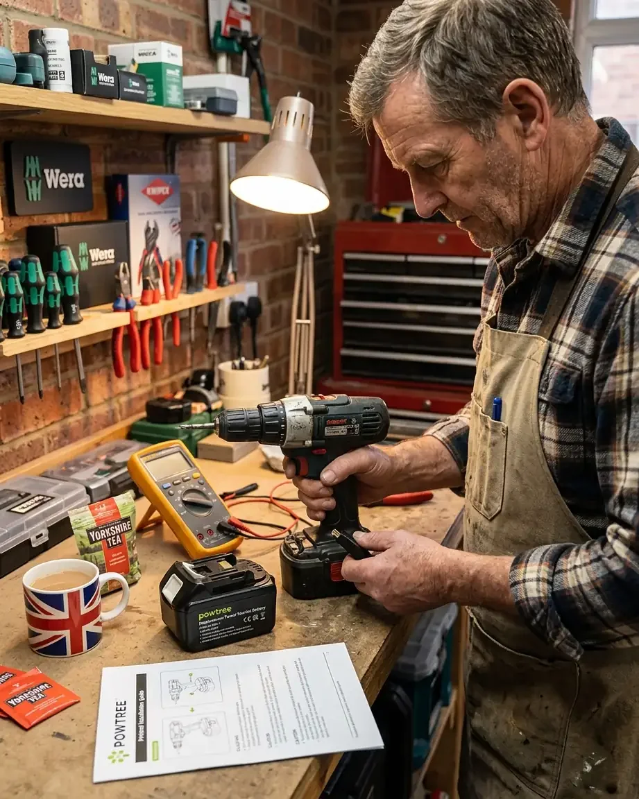 POWTREE battery being tested in a workshop environment showcasing quality control